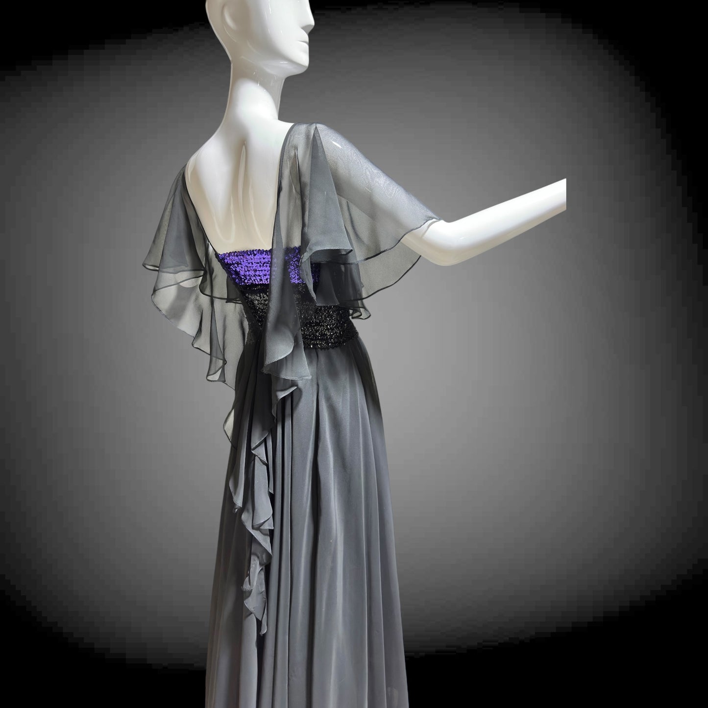 JEAN VARON, Made in England, vintage 1970s sequin and chiffon scarf evening dress