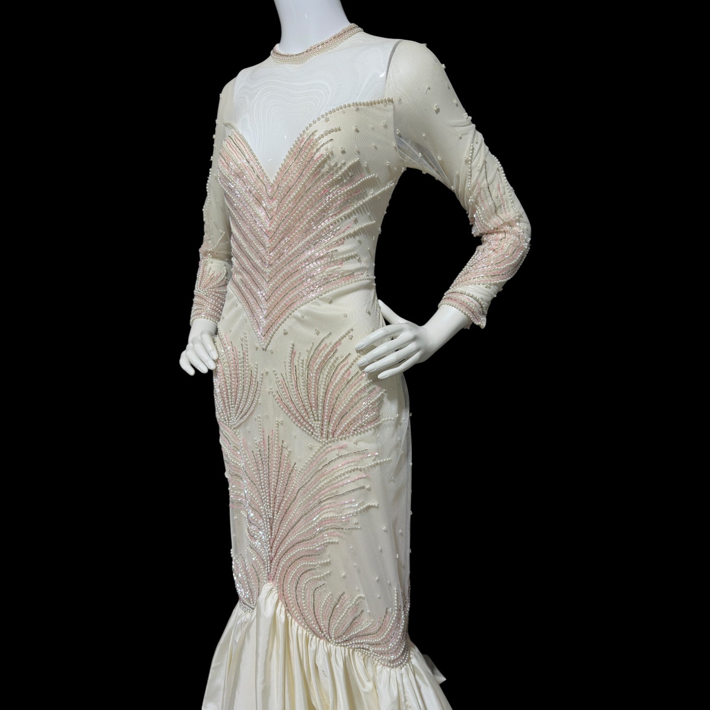 CARLOTA ALFARO, vintage 1980s evening gown, White pink beaded mermaid dress, ruffled bottom, illusion neckline