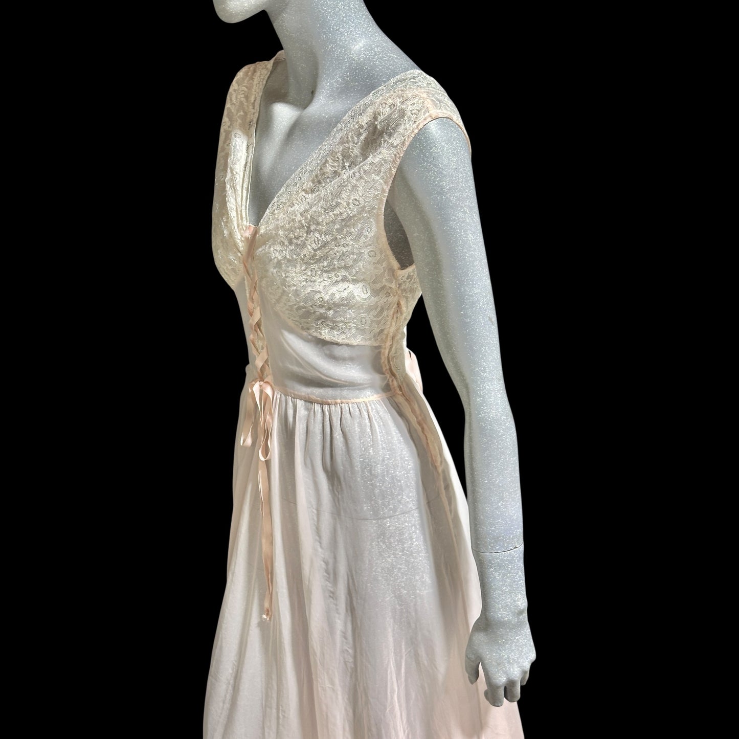 ODETTE BARSA vintage 1940s nightgown slip dress, Sheer pale pink with white lace full sweep Old Hollywood gown