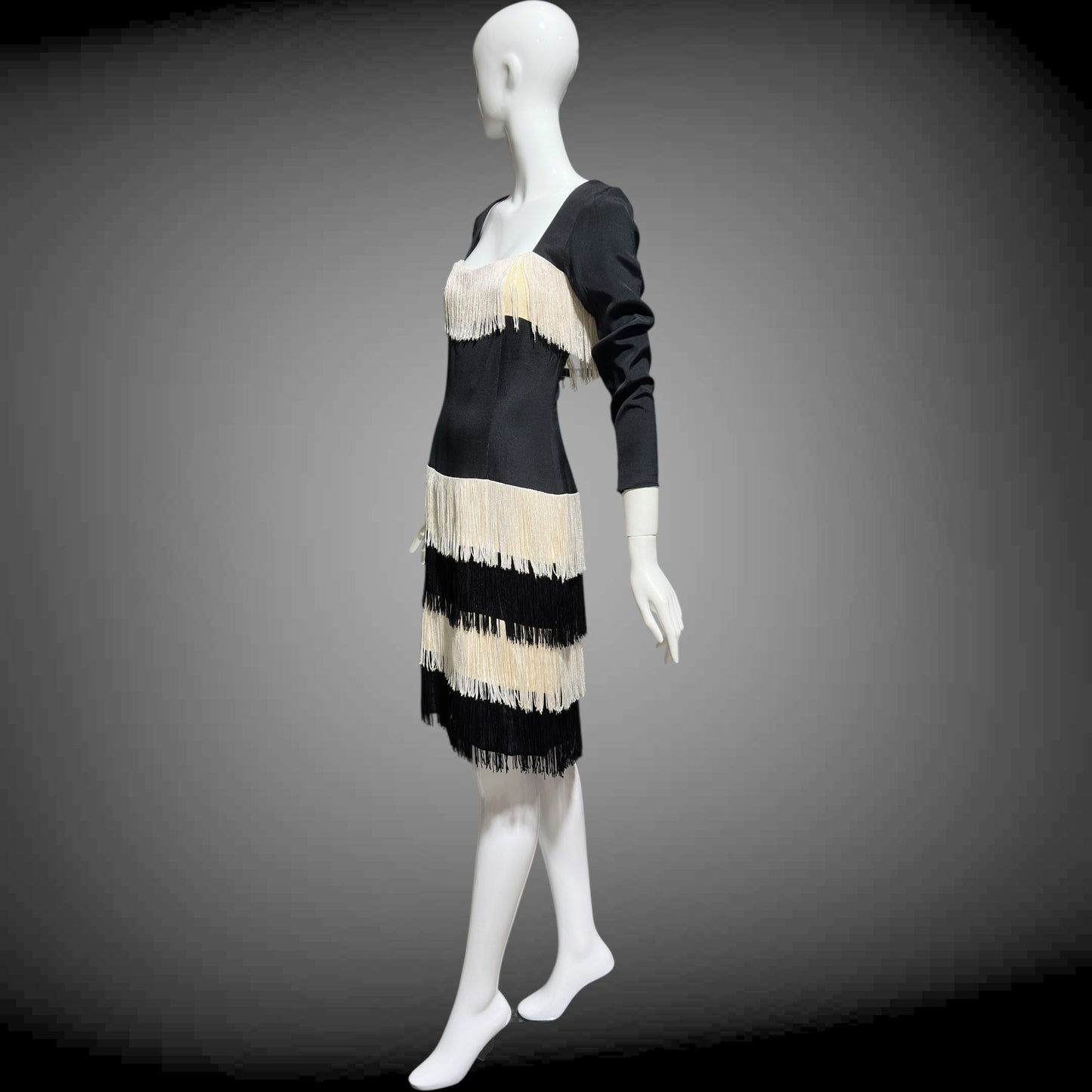 TRAVILLA vintage evening cocktail dress, 1960s black white fringed mod party dress