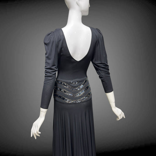 SAKS FIFTH AVENUE Made in England, 1970s evening dress, black jersey knit and sequins