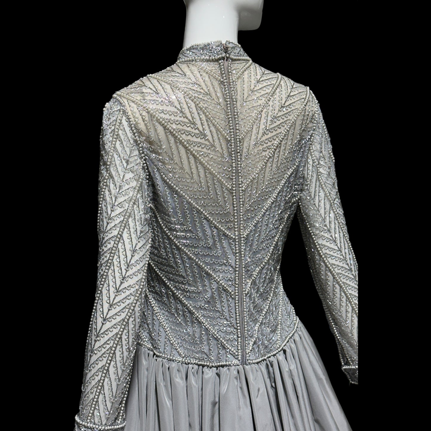 BOB MACKIE, vintage 1980s evening dress ball gown, Silver grey heavily beaded taffeta gown, Long sleeve high neck