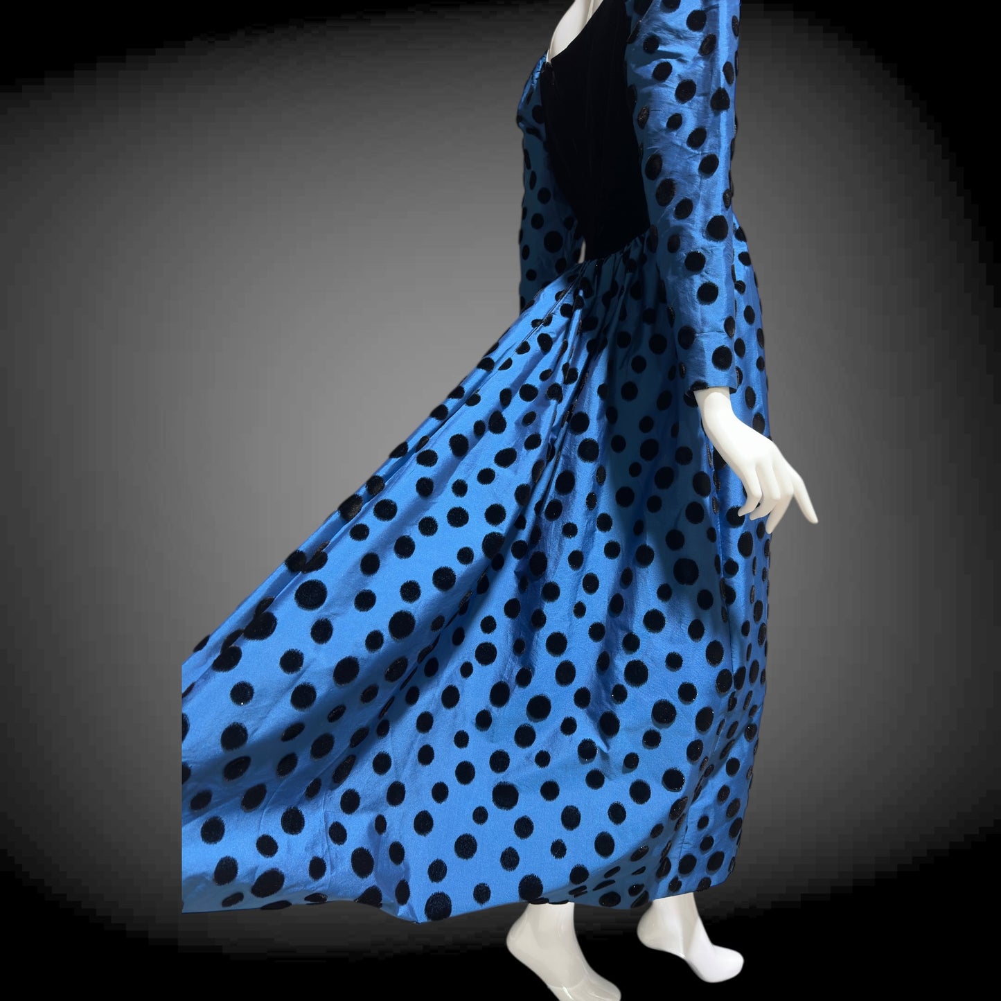 ADELE SIMPSON vintage 1960s evening dress, steel blue taffeta with black velvet flocked polka dots