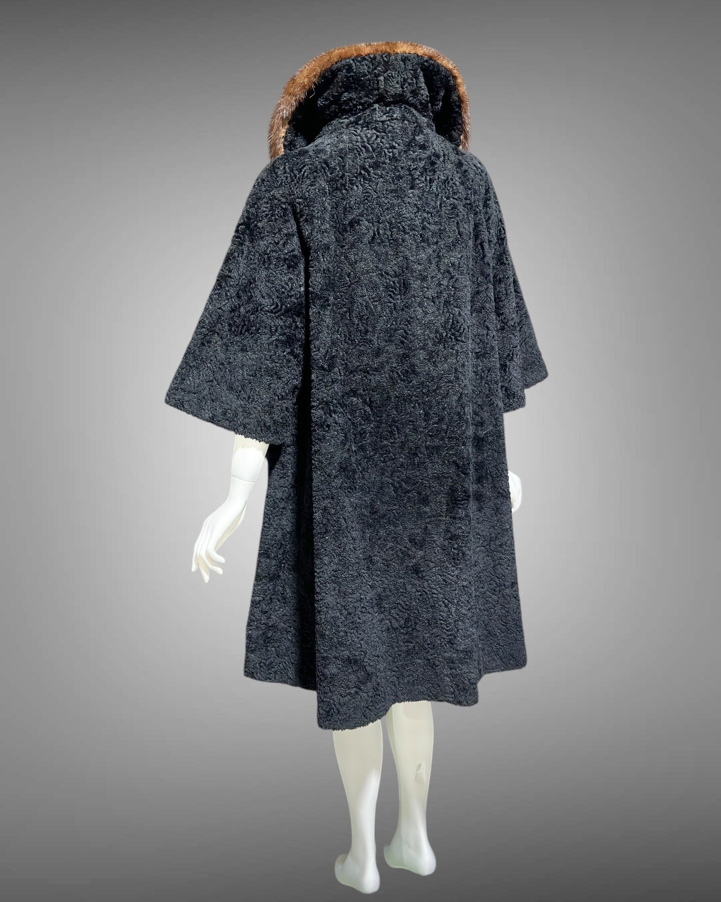 LILLI ANN 1950s vintage swing coat, Black boucle evening swing coat with mink collar