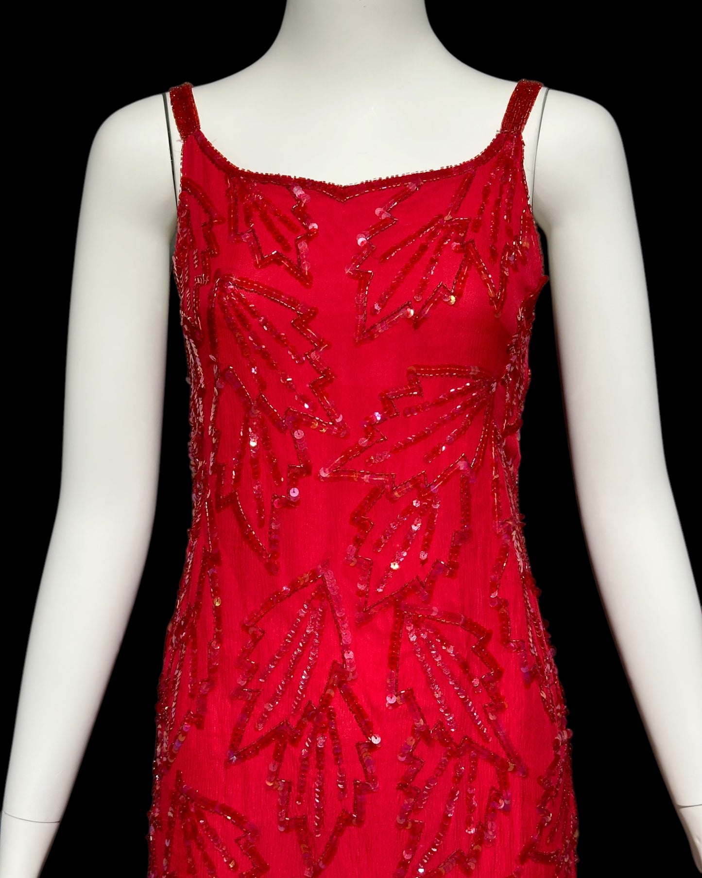 KAYE LOUISE vintage 1990s dress, red 100% silk and sequin beaded cocktail party slip dress