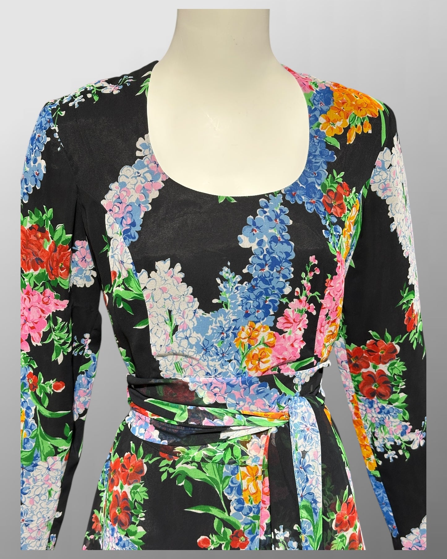 RAZOOK'S vintage 1970s evening dress, poly chiffon floral maxi dress
