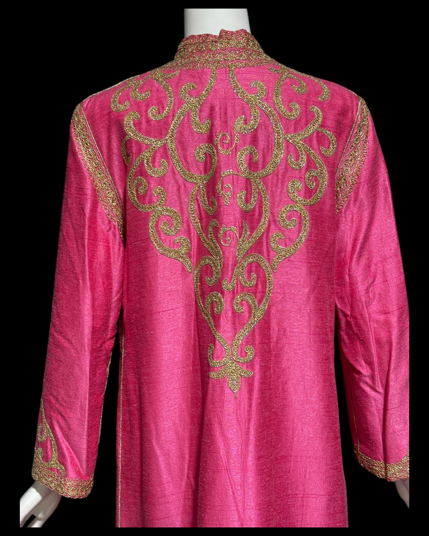MOROCCAN KAFTAN vintage 1960s raw silk caftan evening dress, Hand Made Hot Pink and gold metallic