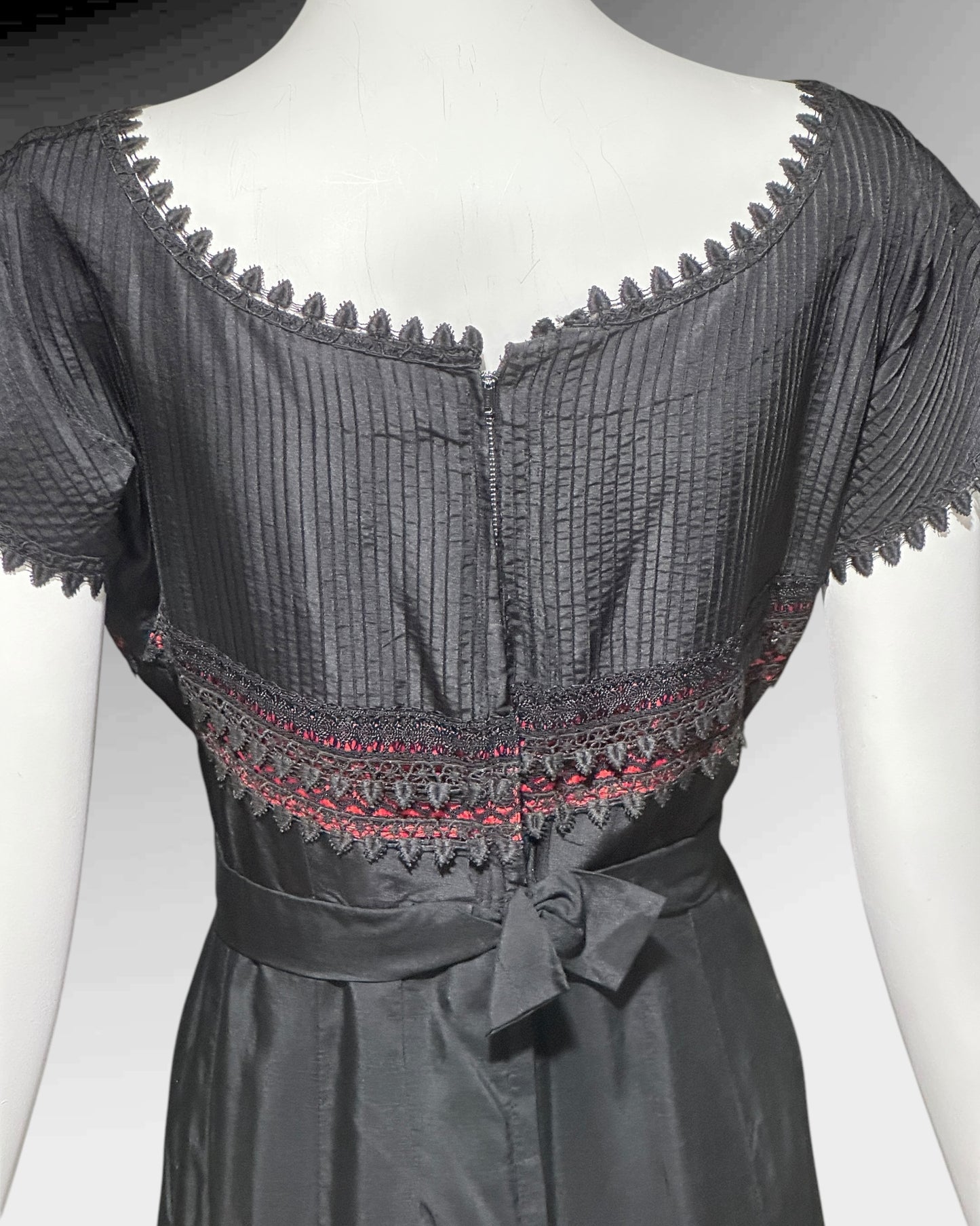 1960s vintage evening dress, Black and red satin gown, Pin tucks and see through lace
