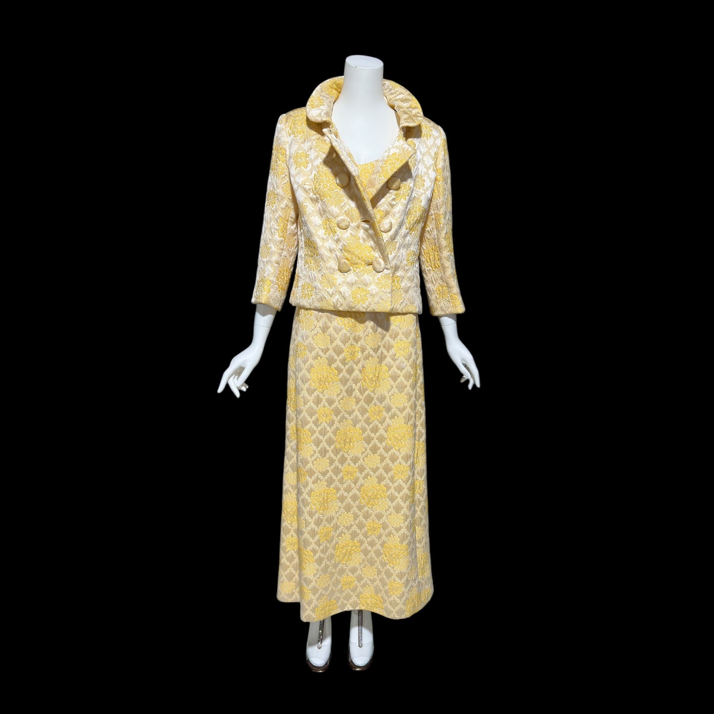 MOLLIE PARNIS Nan Duskin 1960s vintage evening dress, gold floral silk damask 2 pc gown and matching coat ensemble