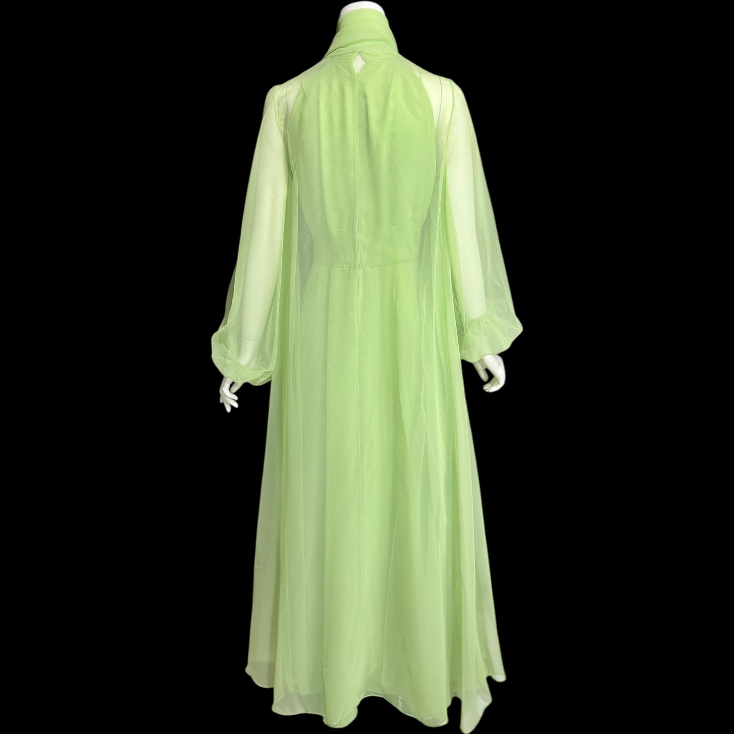 LILLIE RUBIN vintage 1970s green chiffon evening dress gown, Collection 700, matching scarf cape