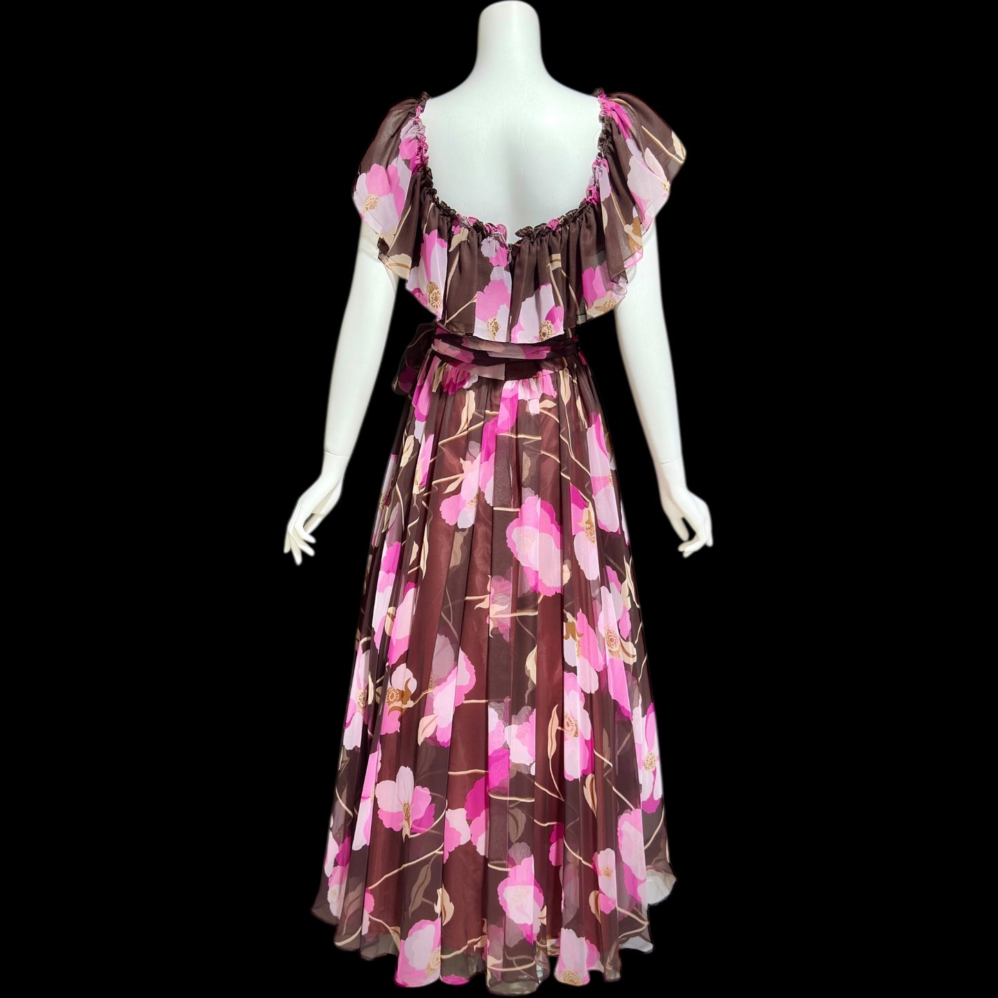 MIGNON New York, vintage 1970s floral Chiffon Maxi Dress, Chocolate Brown Hot Pink evening gown