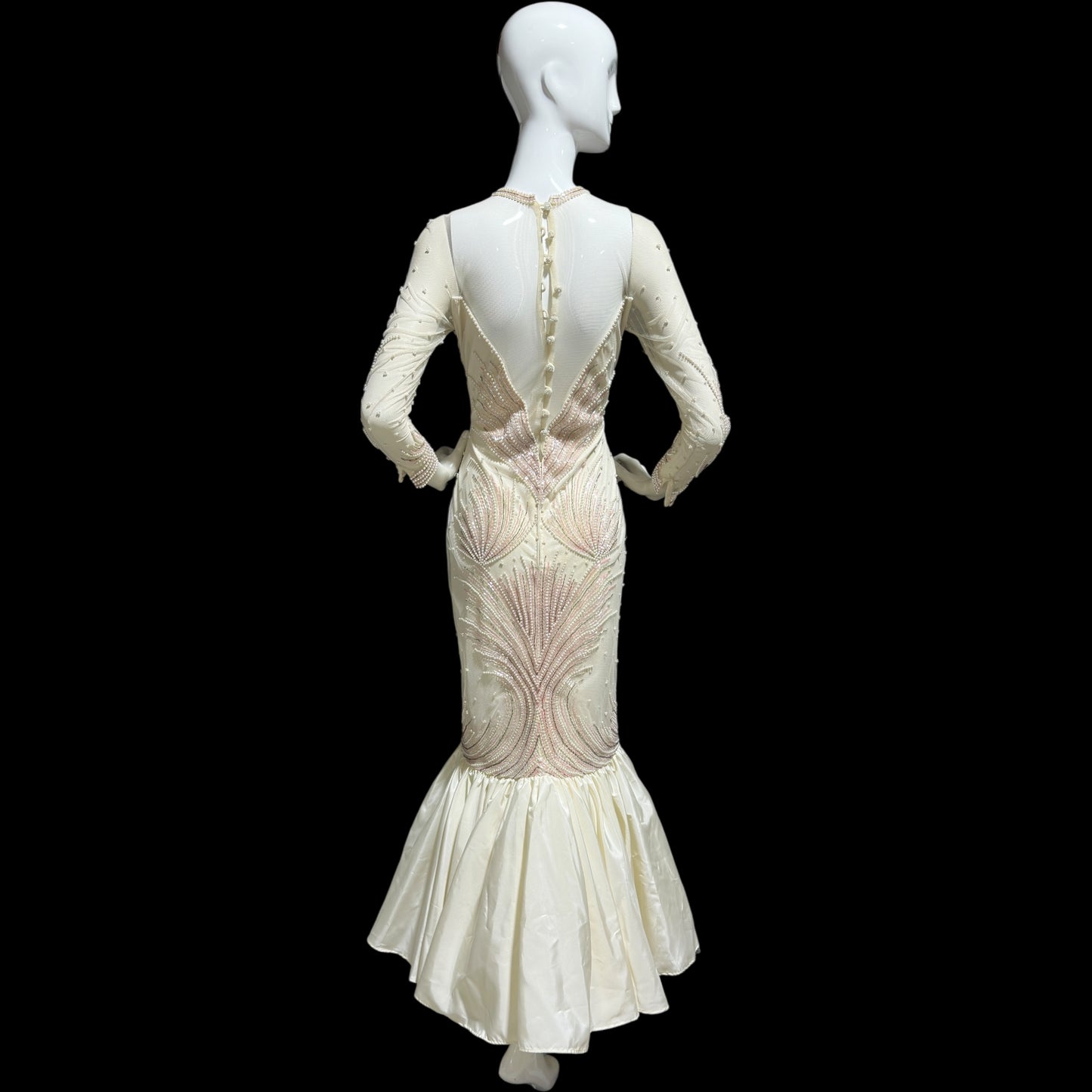 CARLOTA ALFARO, vintage 1980s evening gown, White pink beaded mermaid dress, ruffled bottom, illusion neckline