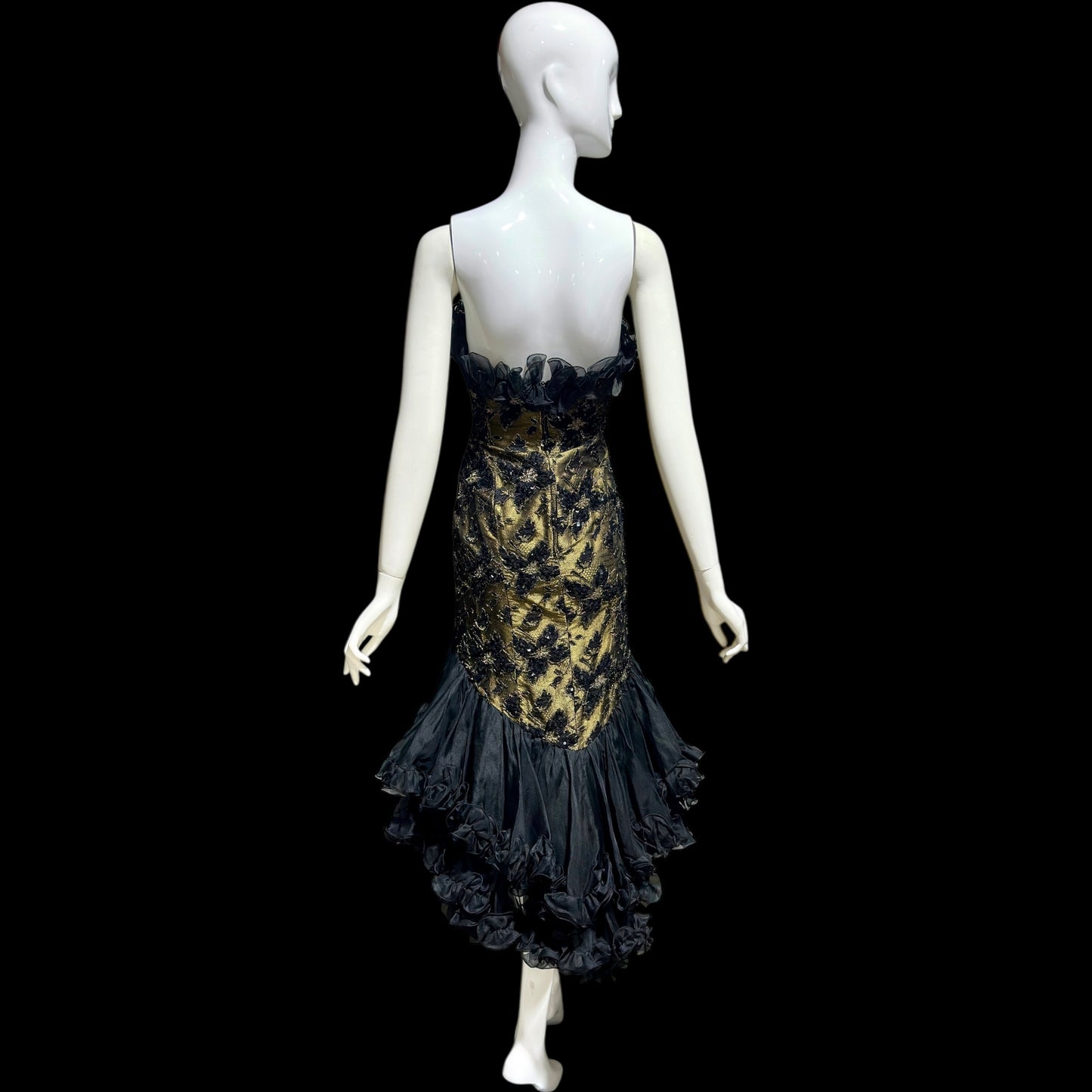 DAVID FIELDEN vintage 1980s evening dress, Party Dress, Black and Bronze All Silk Hi Low Ruffle dress