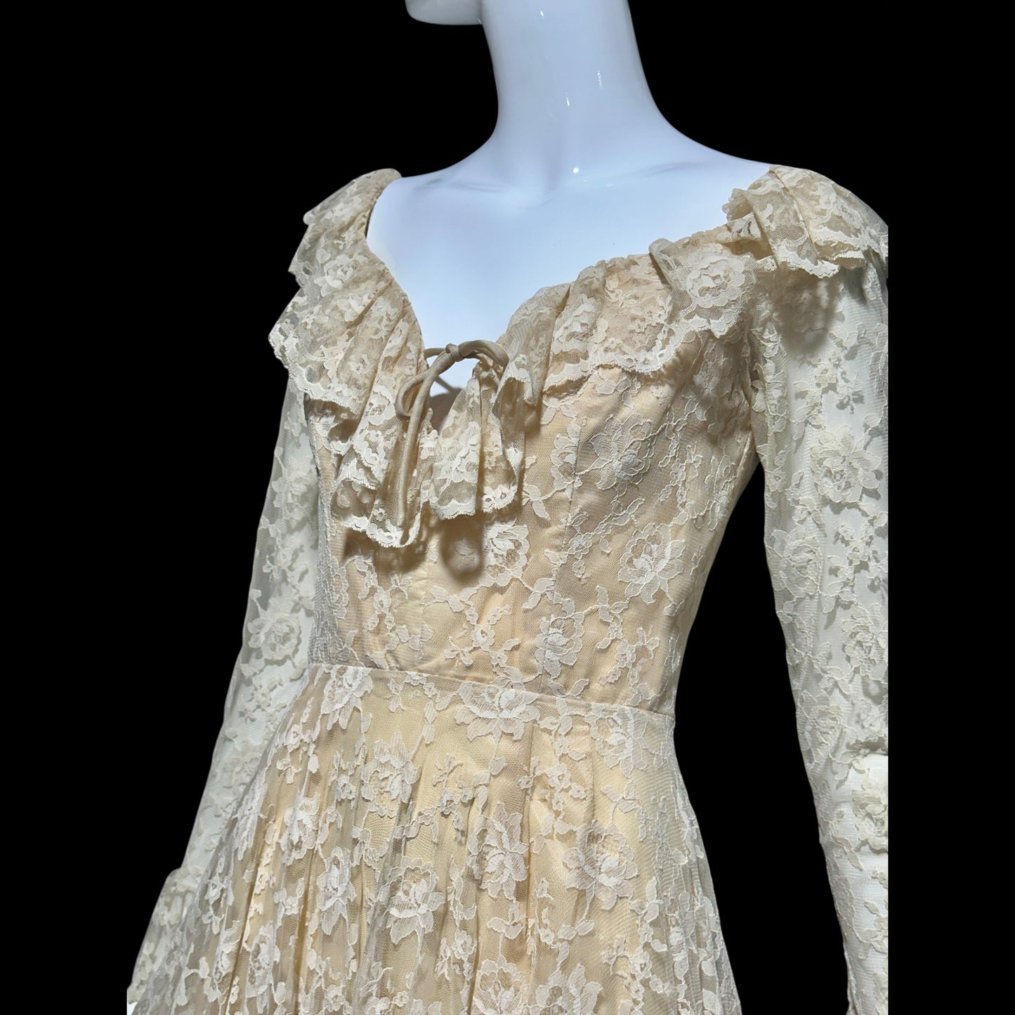 LES WILK 1970s vintage evening dress, lace beige ruffle deep V neckline full sweep wedding dress