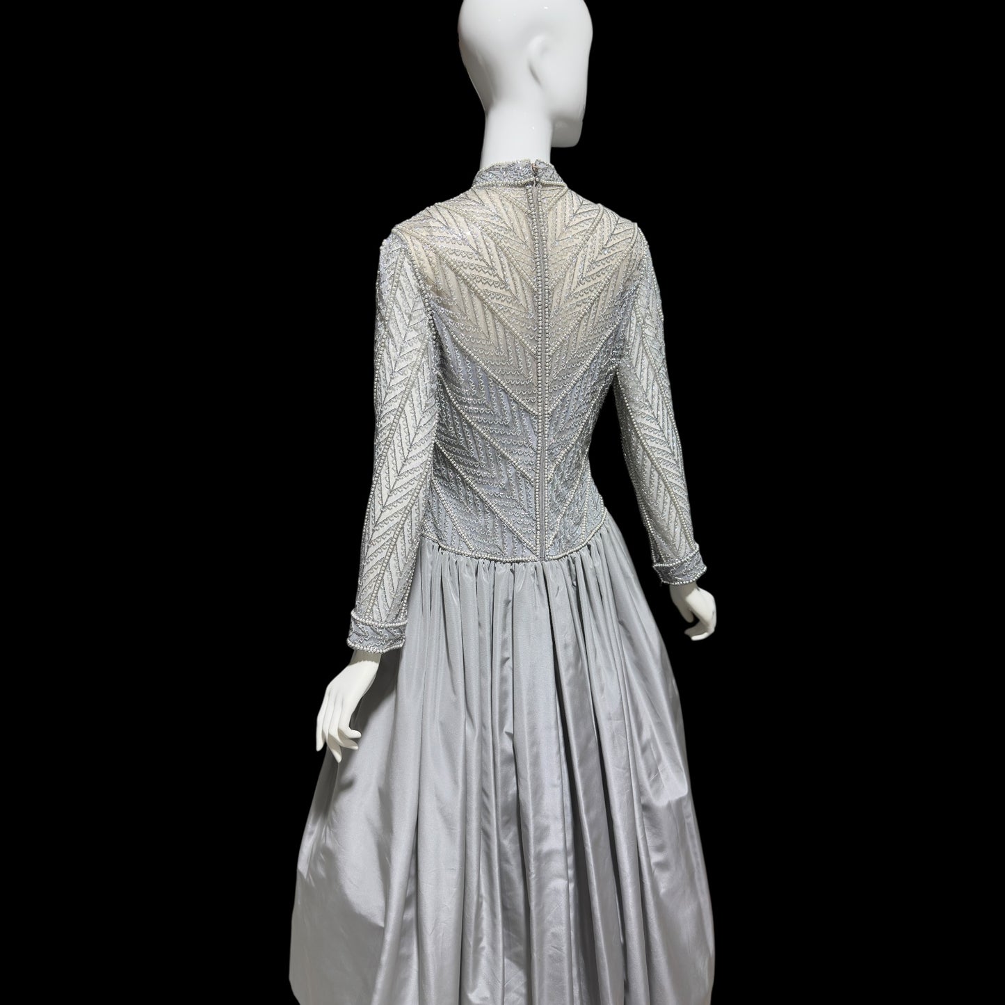 BOB MACKIE, vintage 1980s evening dress ball gown, Silver grey heavily beaded taffeta gown, Long sleeve high neck