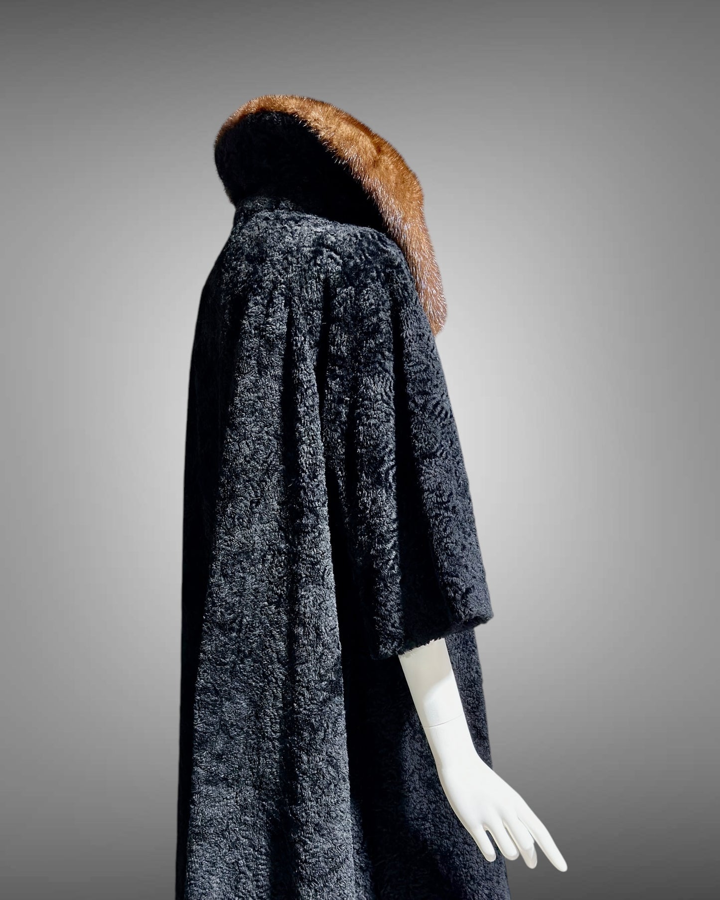LILLI ANN 1950s vintage swing coat, Black boucle evening swing coat with mink collar