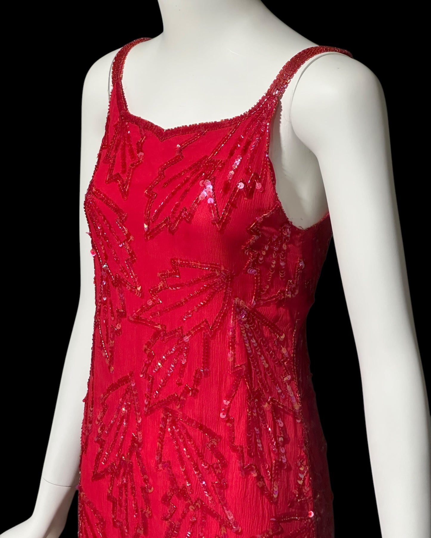KAYE LOUISE vintage 1990s dress, red 100% silk and sequin beaded cocktail party slip dress