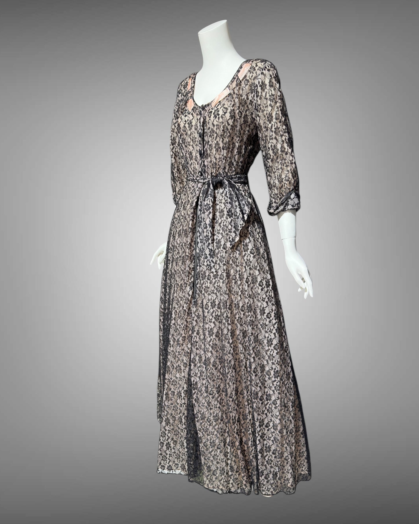 FLOBERT vintage 1940s black lace dressing gown robe, sheer black lace with pink ribbon trim