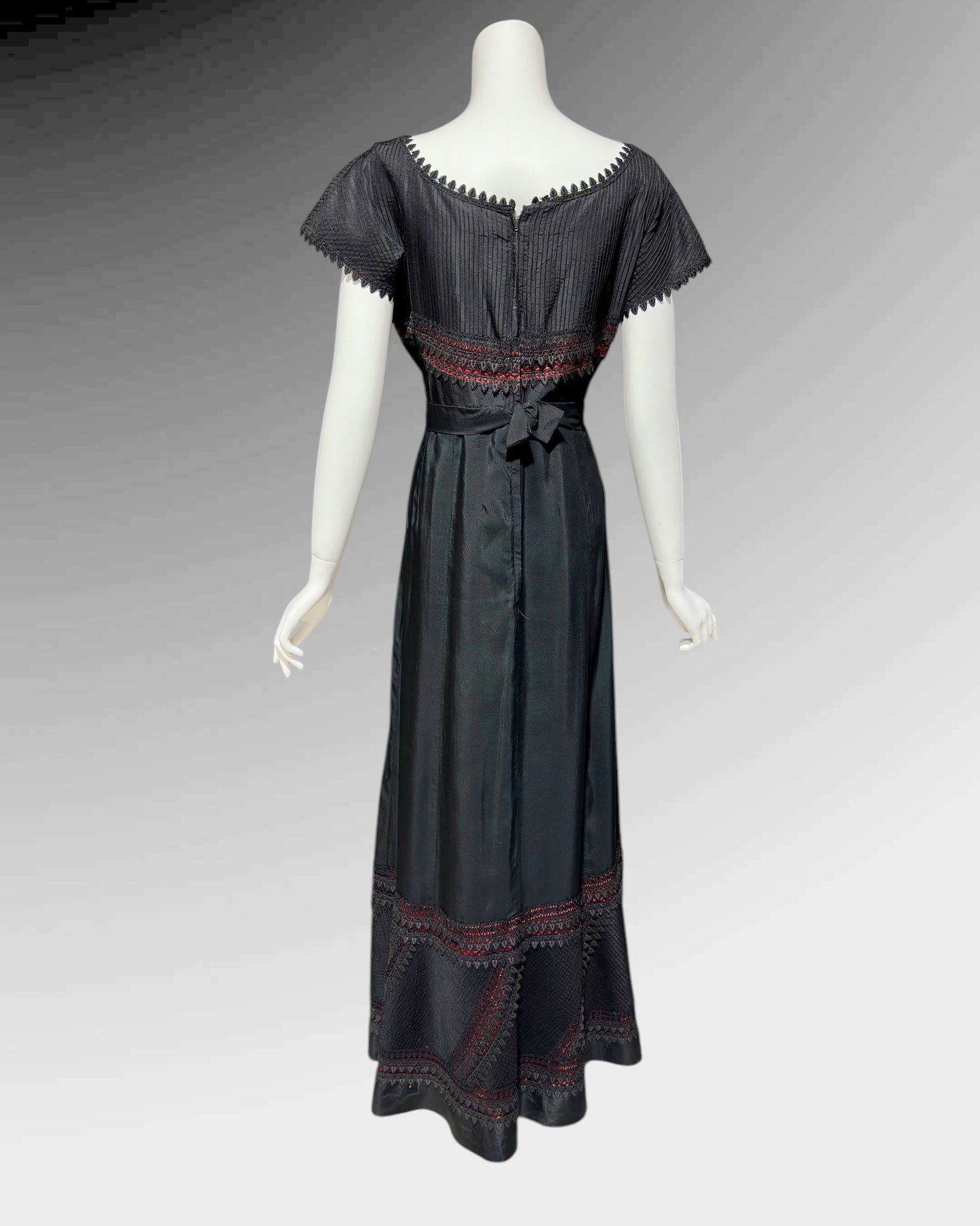 1960s vintage evening dress, Black and red satin gown, Pin tucks and see through lace