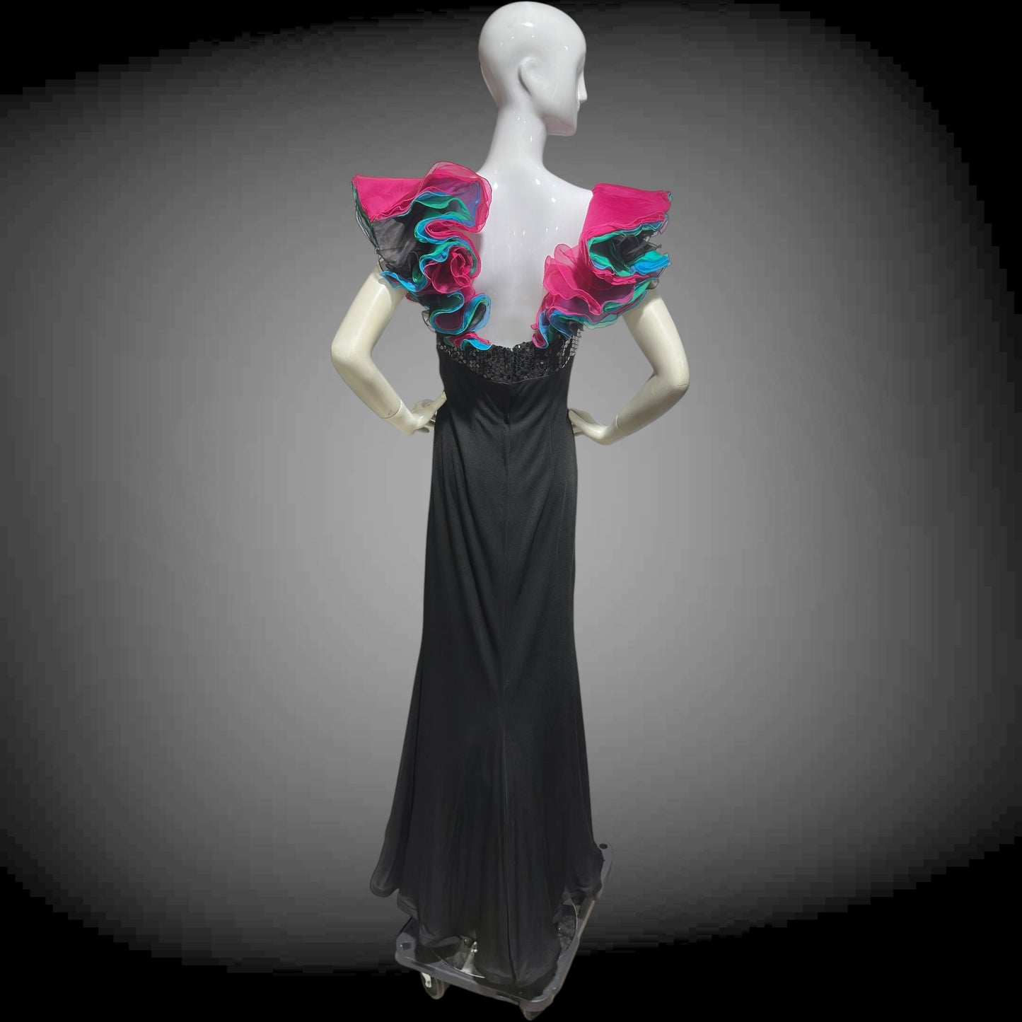 EUGENE ALEXANDER, vintage 1980s evening gown, Black sheath dress, HUGE ruffle collar, Sequin Bodice, on or off shoulders