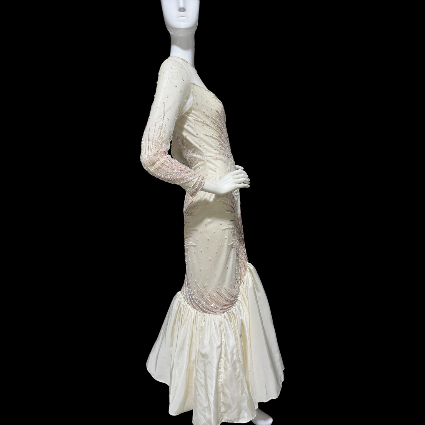 CARLOTA ALFARO, vintage 1980s evening gown, White pink beaded mermaid dress, ruffled bottom, illusion neckline