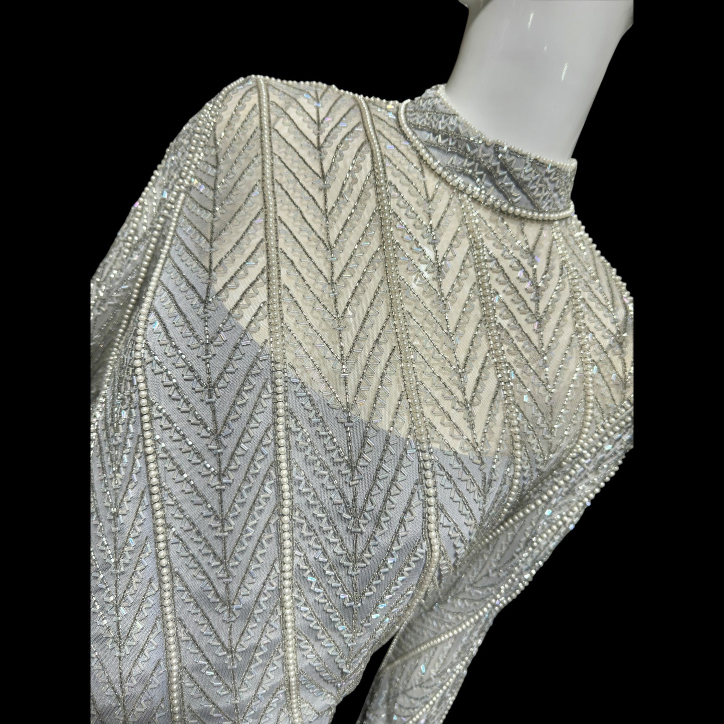 BOB MACKIE, vintage 1980s evening dress ball gown, Silver grey heavily beaded taffeta gown, Long sleeve high neck