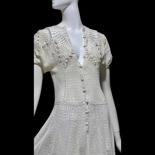 1970s vintage white crochet dress, all cotton blouson shirtdress, midi length