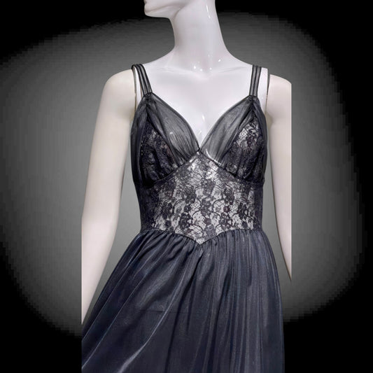 Rogers vintage 1950s Black Lace Nylon Nightgown Lingerie Slip Dress