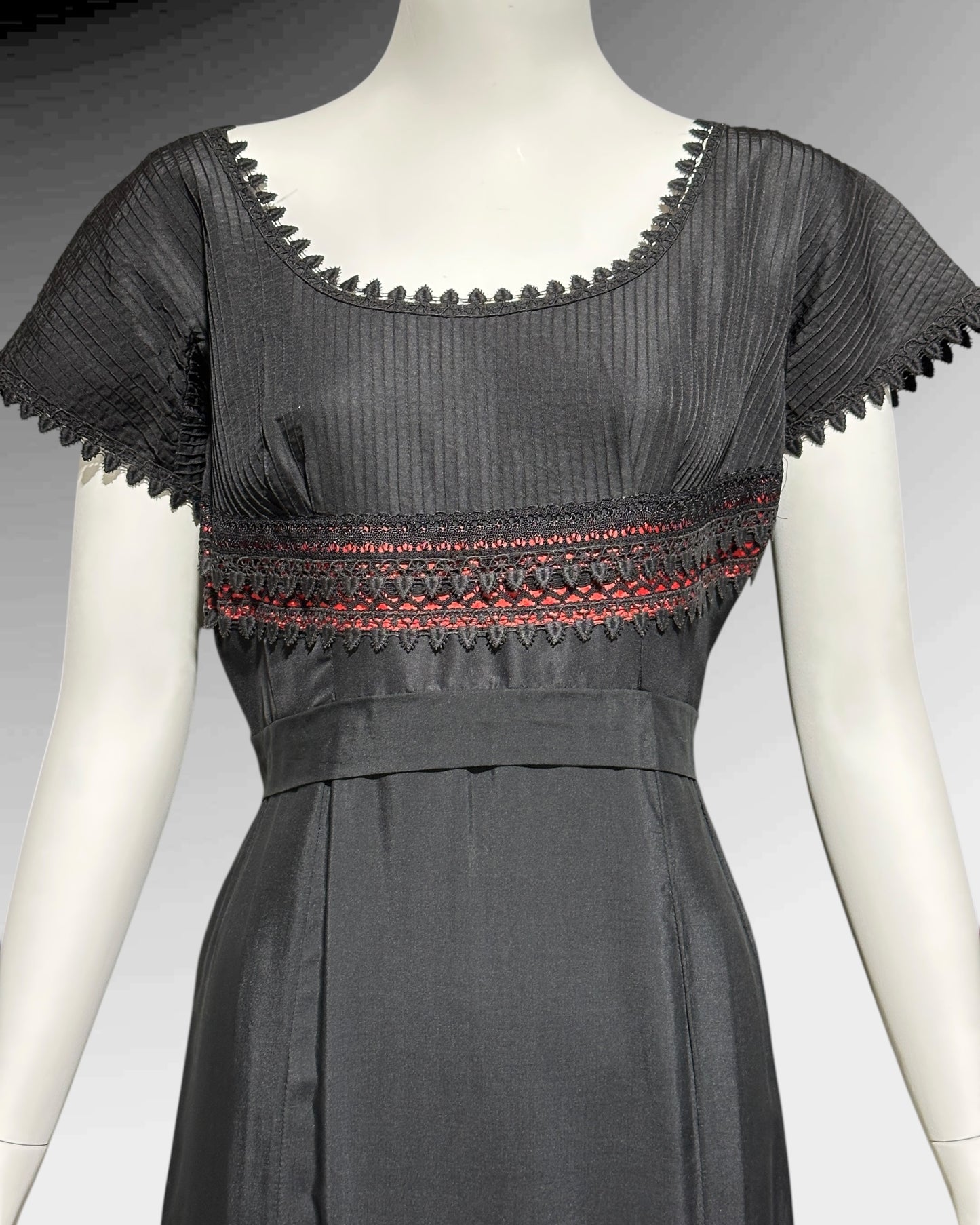 1960s vintage evening dress, Black and red satin gown, Pin tucks and see through lace