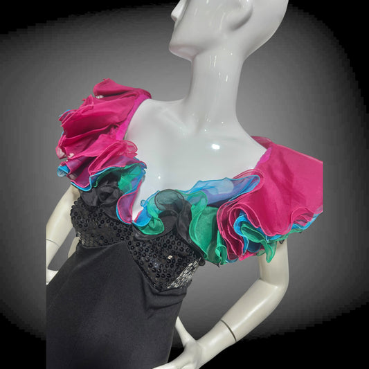 EUGENE ALEXANDER, vintage 1980s evening gown, Black sheath dress, HUGE ruffle collar, Sequin Bodice, on or off shoulders