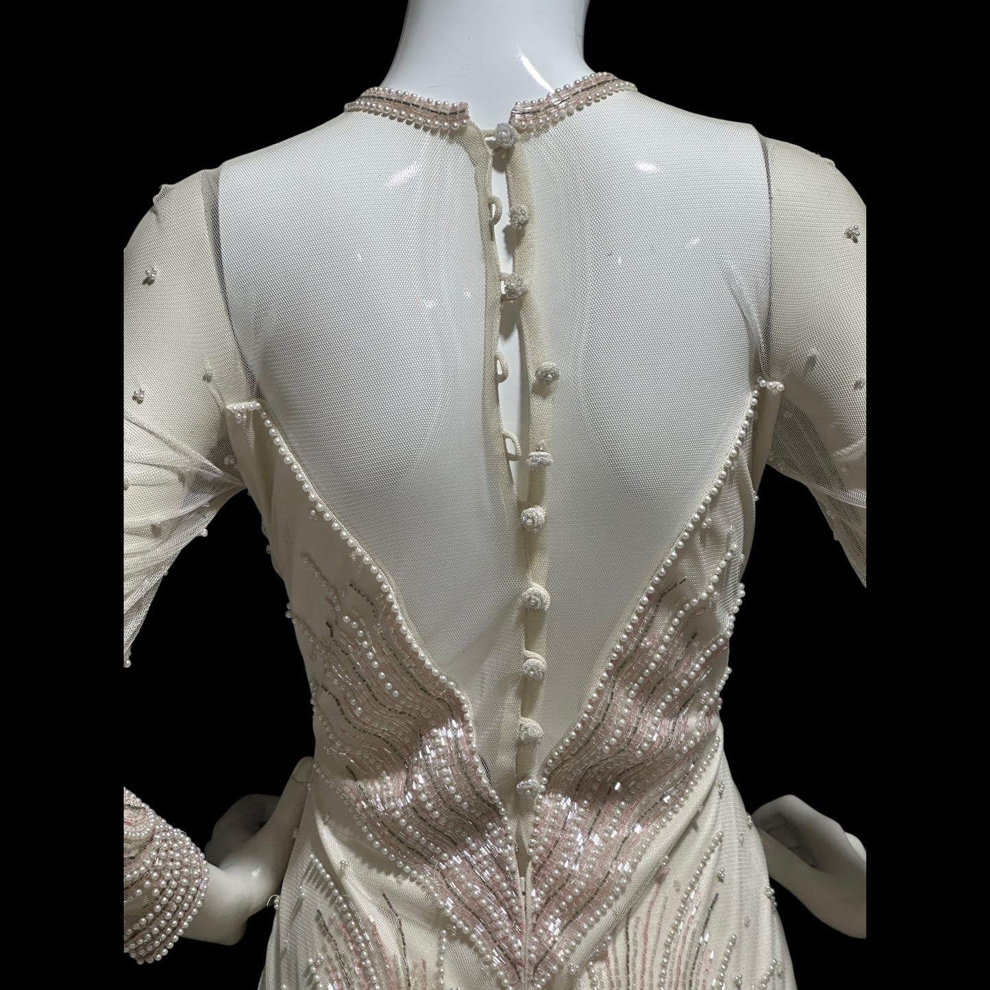 CARLOTA ALFARO, vintage 1980s evening gown, White pink beaded mermaid dress, ruffled bottom, illusion neckline