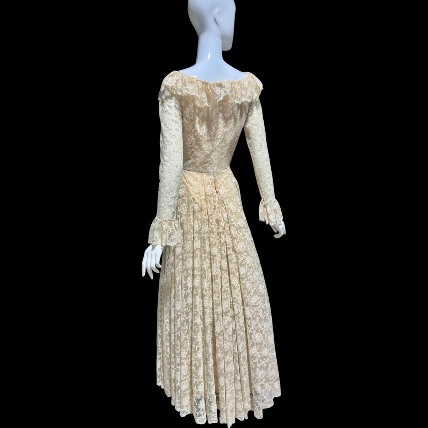 LES WILK 1970s vintage evening dress, lace beige ruffle deep V neckline full sweep wedding dress