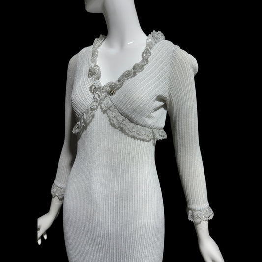 1970s vintage bodycon knit evening dress, Silver Metallic Lurex Sheath Maxi Dress