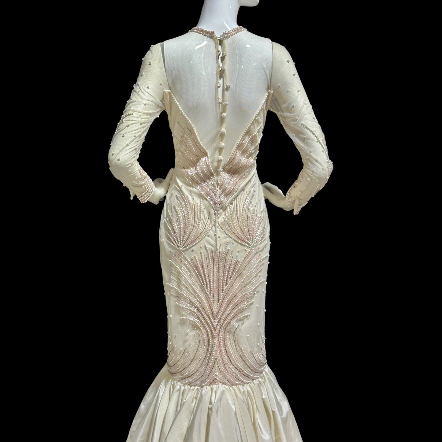 CARLOTA ALFARO, vintage 1980s evening gown, White pink beaded mermaid dress, ruffled bottom, illusion neckline
