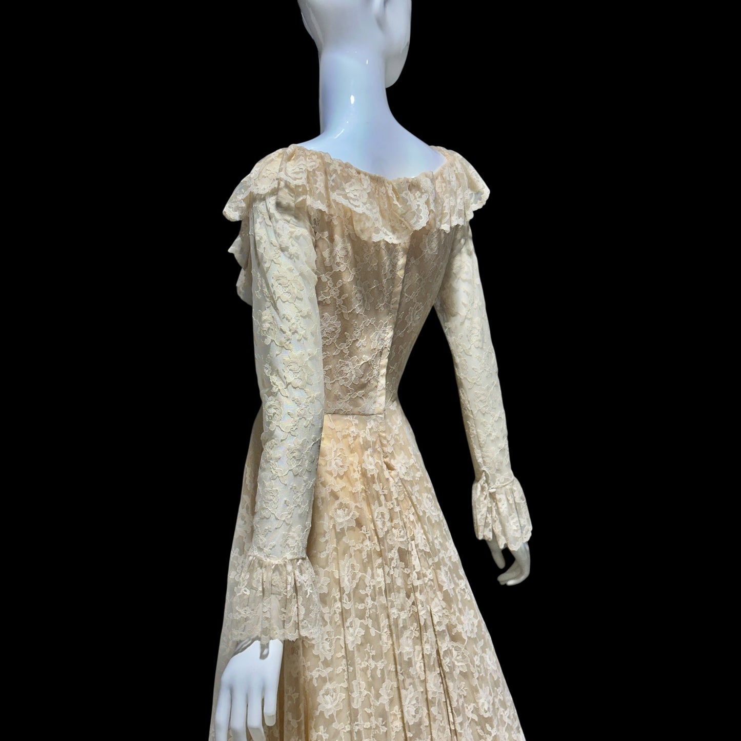 LES WILK 1970s vintage evening dress, lace beige ruffle deep V neckline full sweep wedding dress