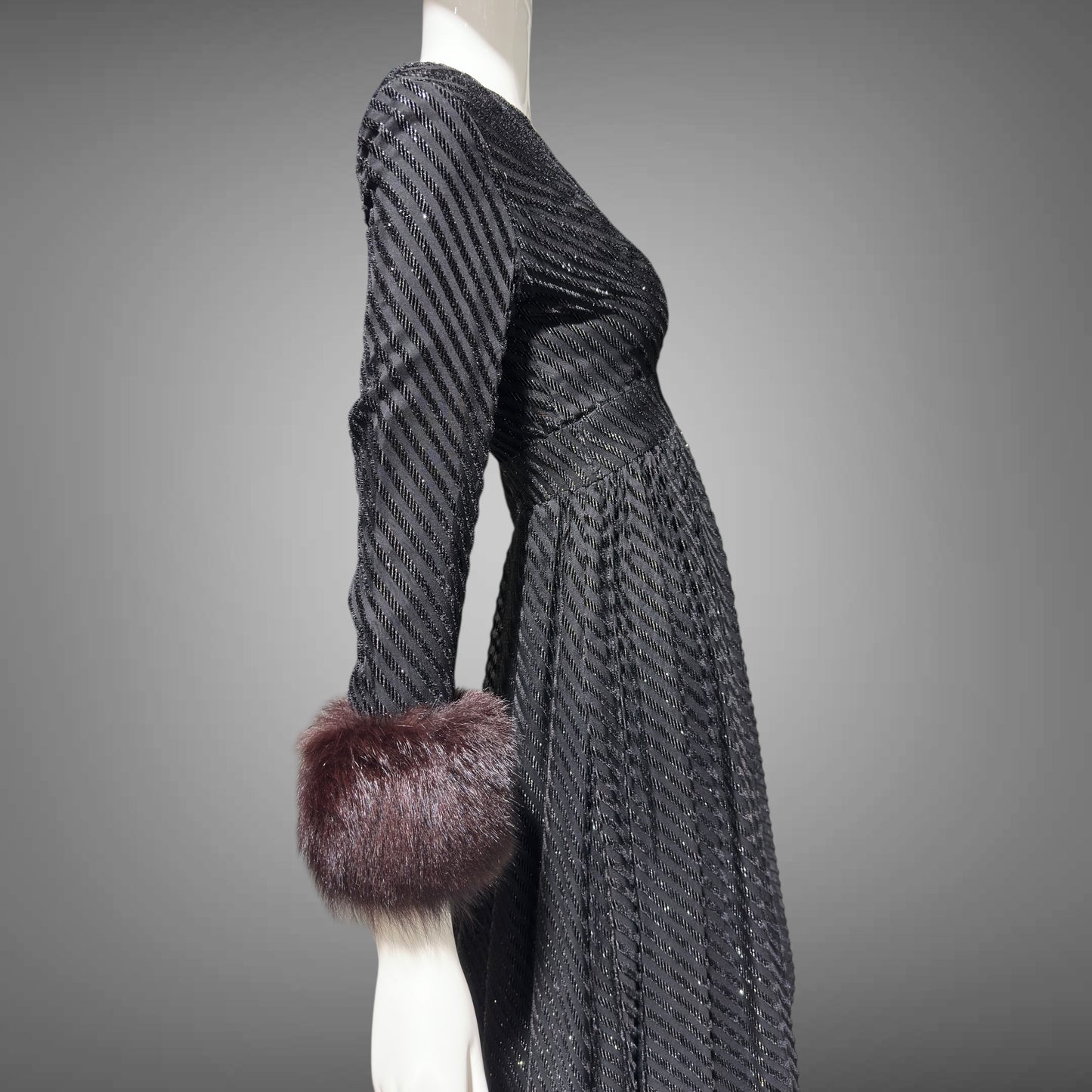 LILLIE RUBIN Vintage 1970s evening gown, Black eye lash Sparkly Gown with Fur Cuffs