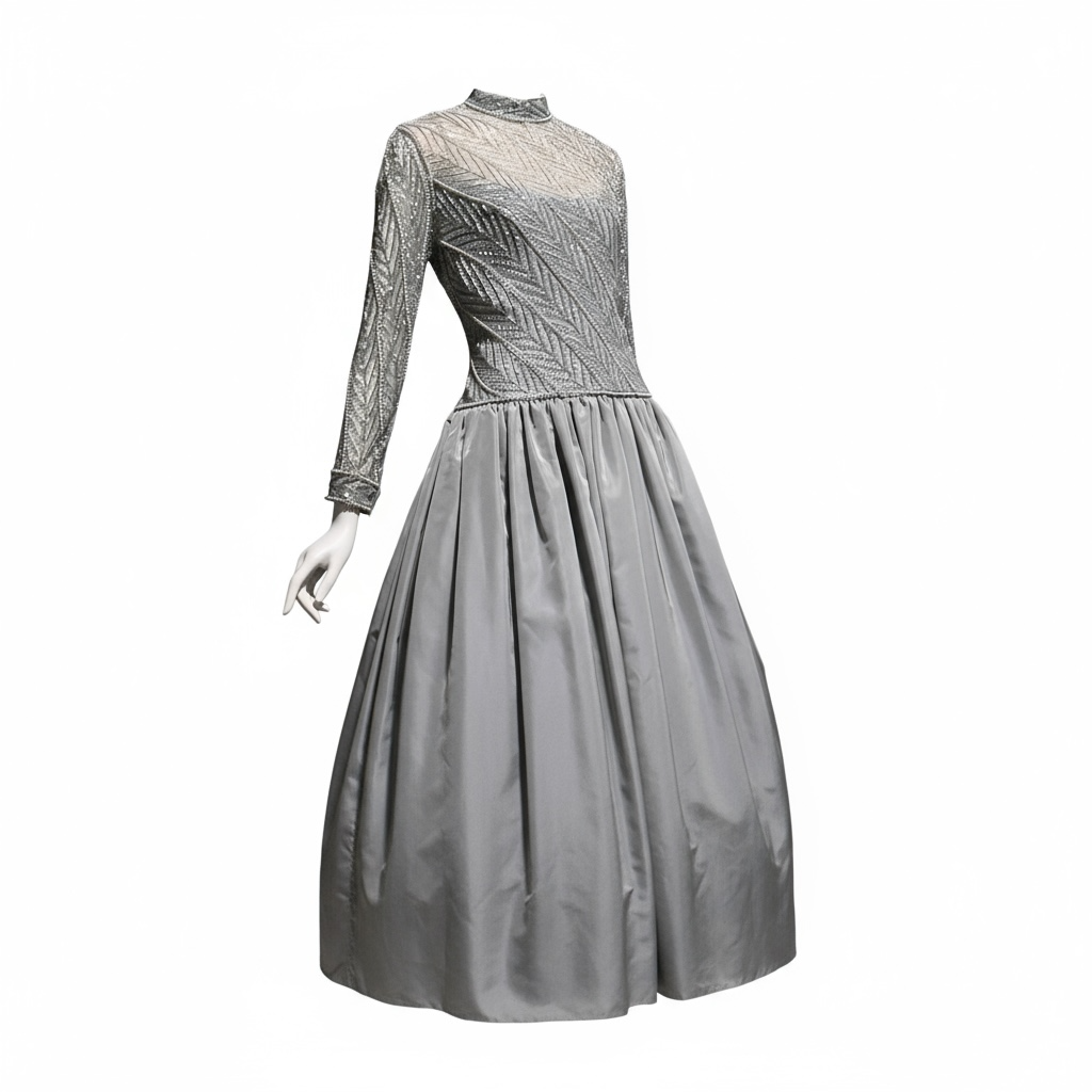 BOB MACKIE, vintage 1980s evening dress ball gown, Silver grey heavily beaded taffeta gown, Long sleeve high neck
