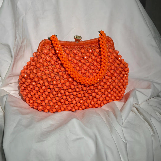 RITTER vintage 1960s handbag purse, Made in Italy neon orange Rafia Beaded top handle frame bag