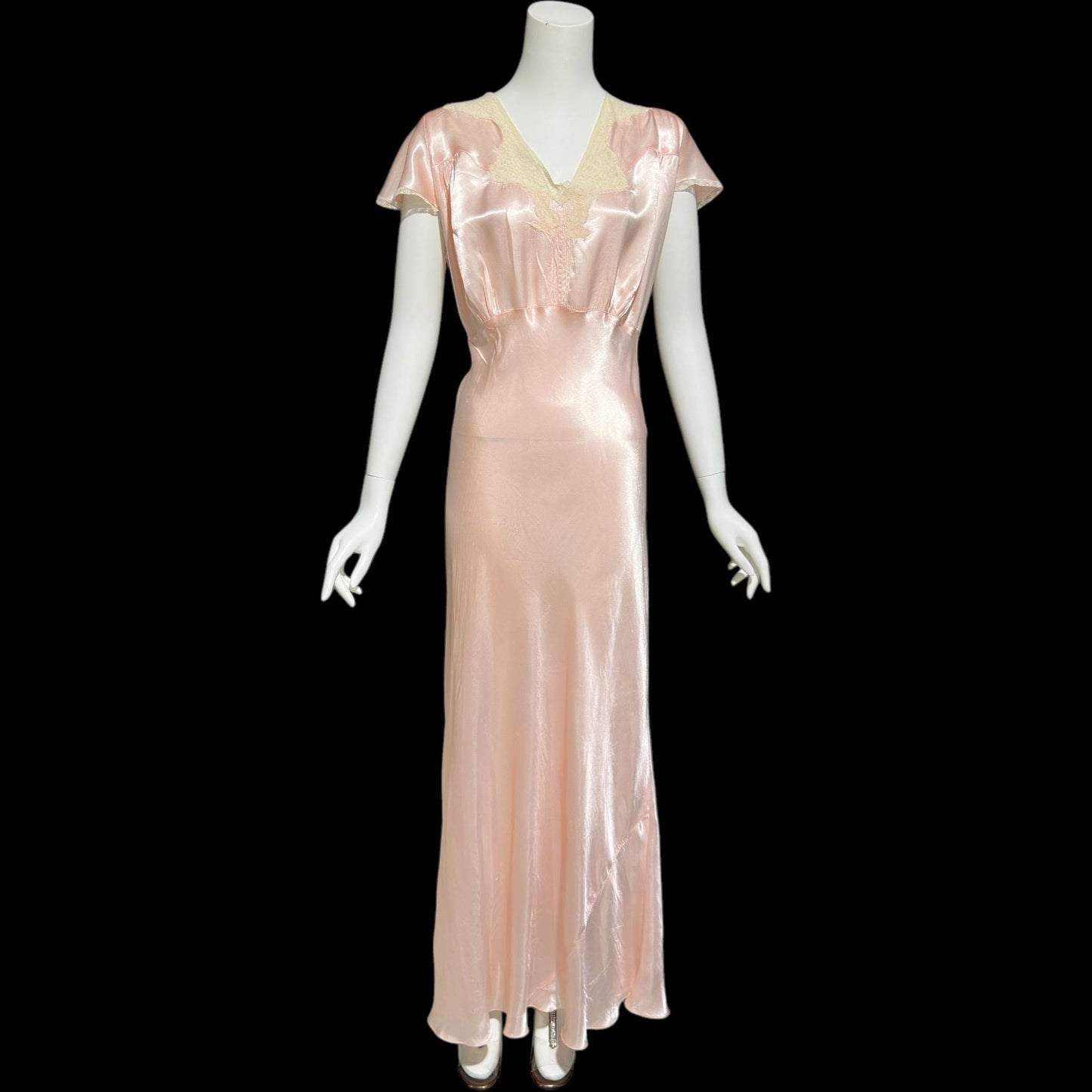 SHIRLEY RAY, vintage 1940s nightgown, Shiny baby pink bias cut rayon slip dress, full length
