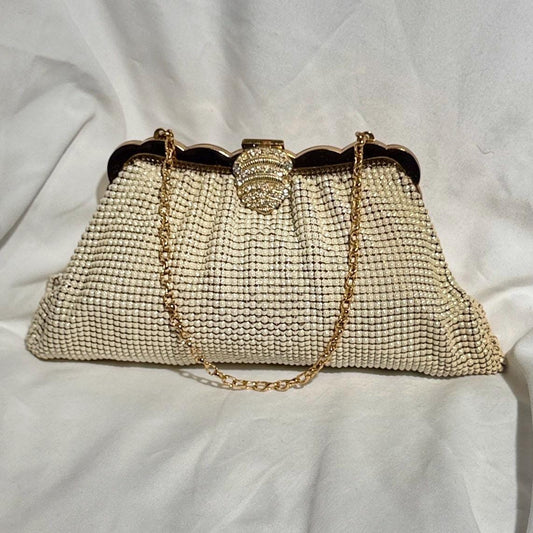 WHITING & DAVIS vintage 1950s evening bag, Mesh Pearly White Bridal purse, Rhinestone dance bag