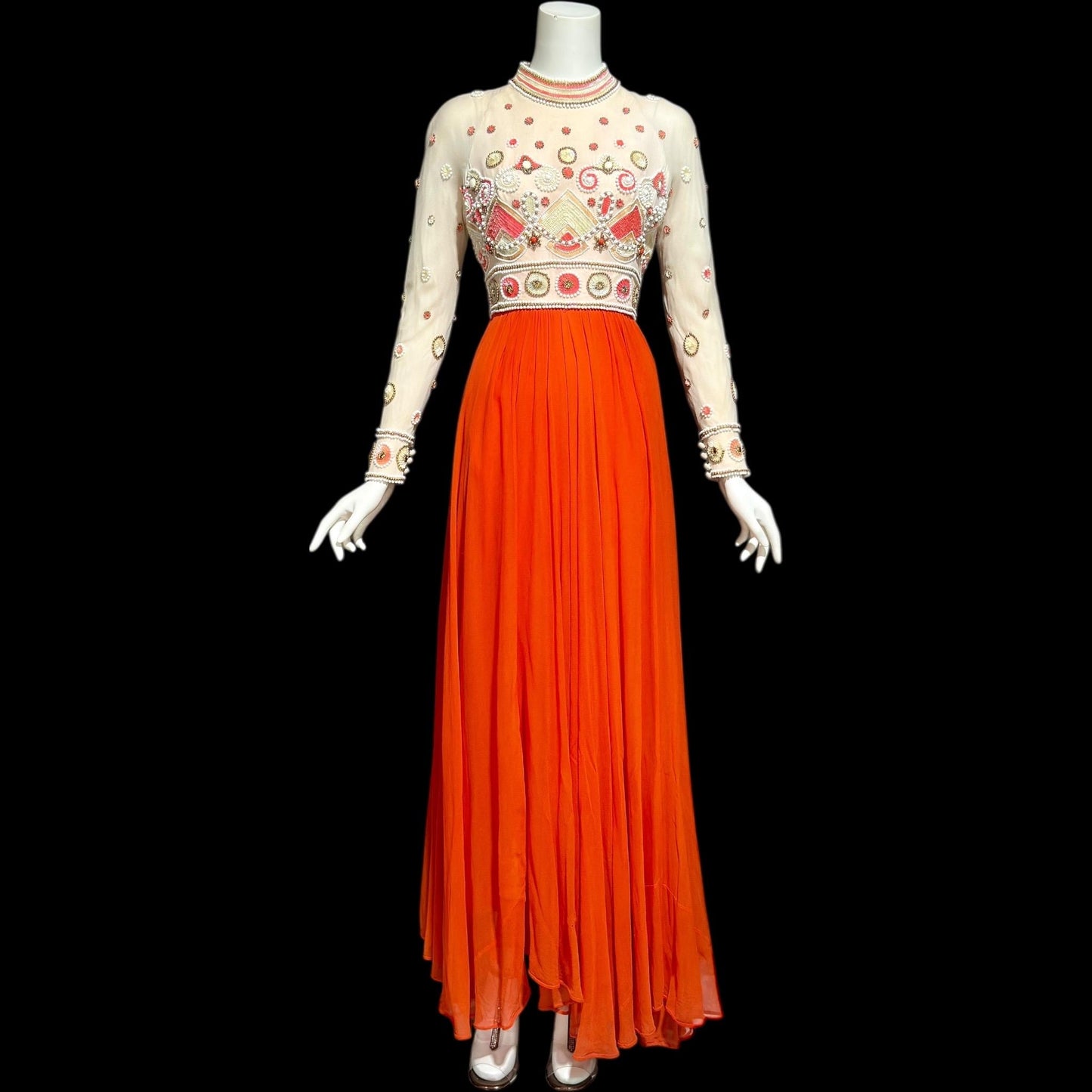 DARNELL OF LONDON, vintage 1960s evening dress, Orange beaded chiffon gown