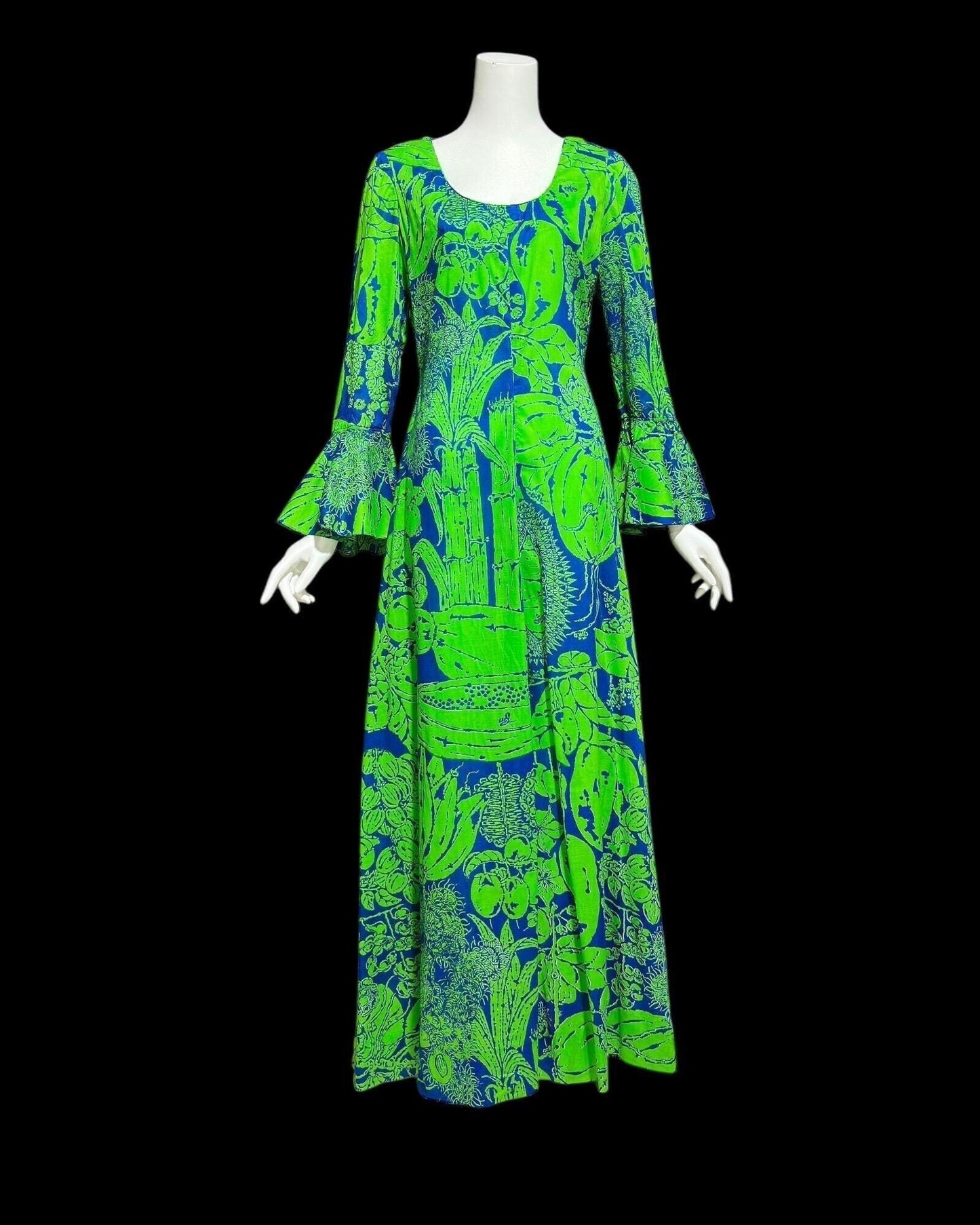 DESIGN THAI BANGKOK, vintage 1960s maxi party dress, Kelly Green and blue floral cotton dress