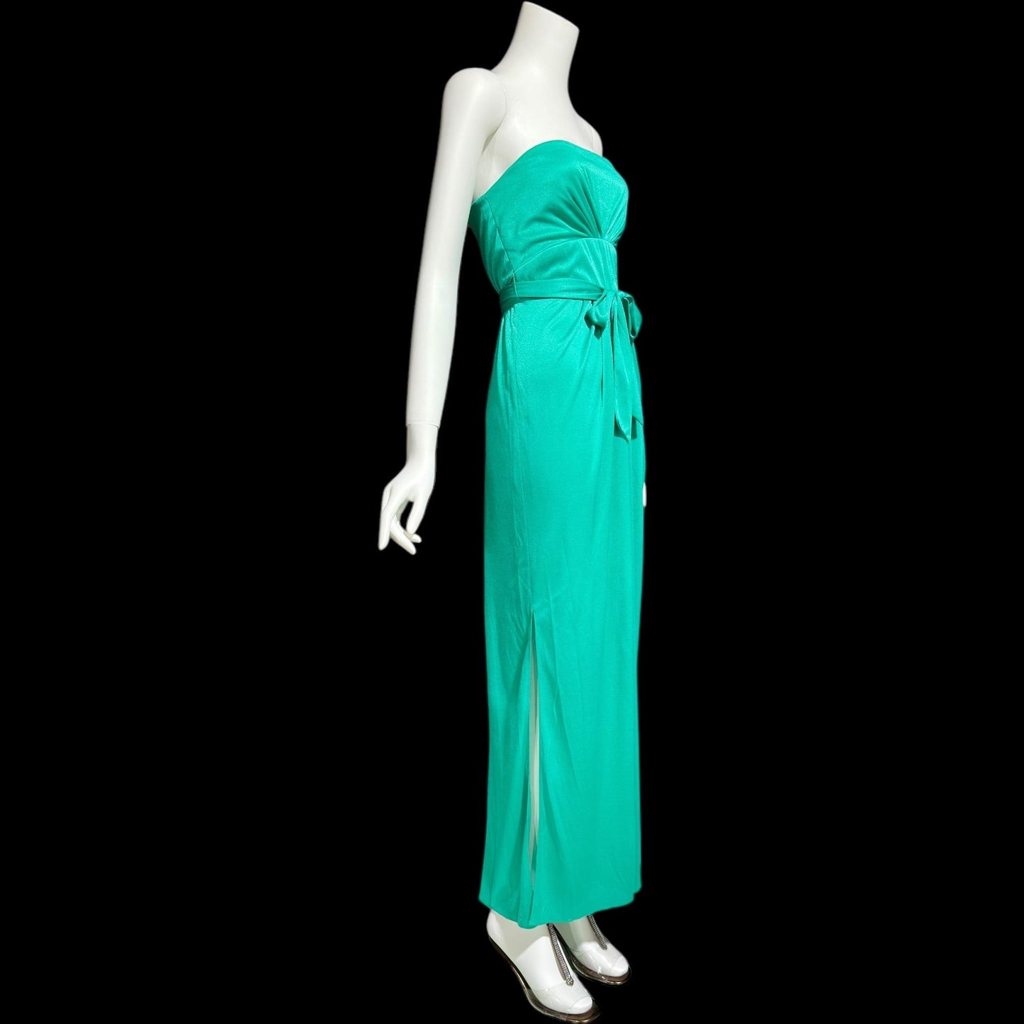ESTEVEZ evening dress, vintage 1970s teal green jersey knit gown, Studio 54 cocktail disco party dress
