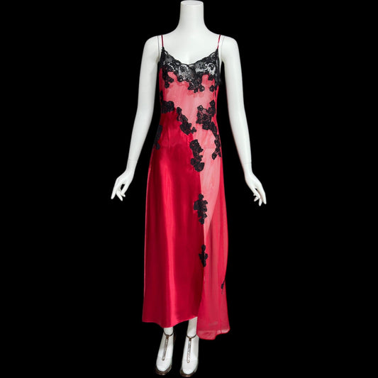 FREDERICK'S Attributed, vintage 1980s Slip Dress, Red and black satin and sheer mesh, lace and sequins, sheath night dress