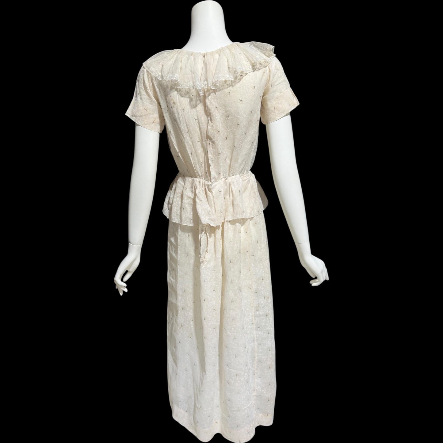 1930s vintage Cotton Day Dress, Ruffle Collar Peplum Batiste Casual Dress