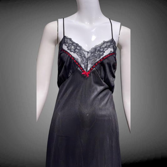VELROSE vintage nightgown slip dress, 1970s Black and Red nylon gown, New Old Stock