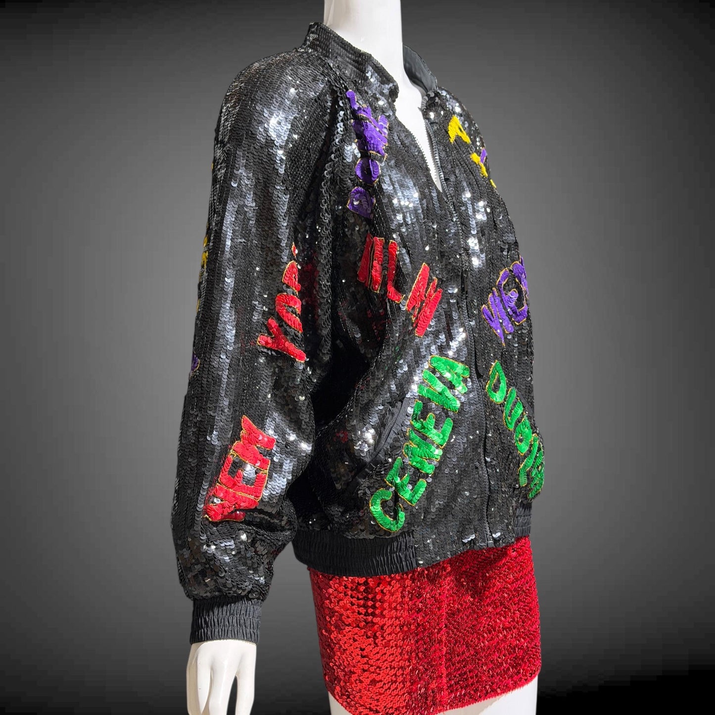 1980s vintage bomber jacket, World Traveler black sequin coat, Large