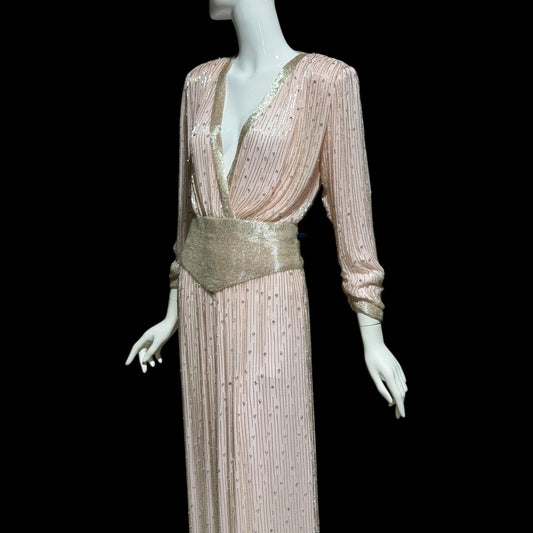 1980s Vintage evening dress gown, Powder Pink silk long sleeve beaded gown, Deep V
