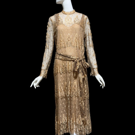RINA di MONTELLA, vintage 1970s evening cocktail dress, silk lace high neck sequins beads