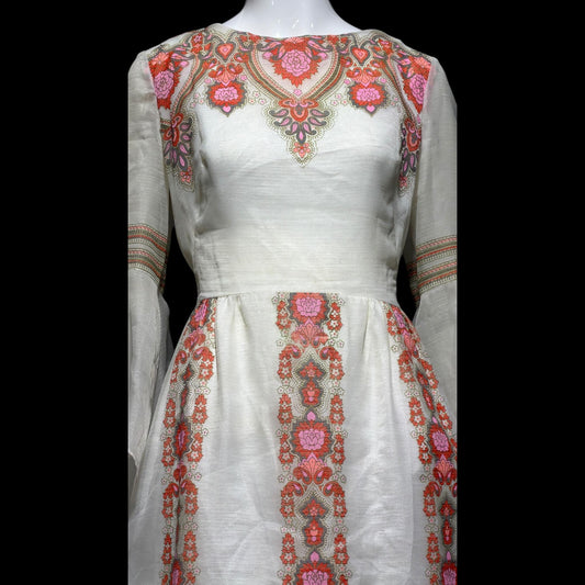 ALFRED SHAHEEN vintage 1970s maxi dress, hand screen print floral Hawaiian wedding dress